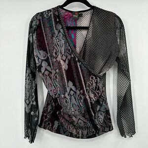 ANAC Designed by Kimi Womens Mixed Print Mesh Faux Wrap Top Large Whimsigoth Y2K
